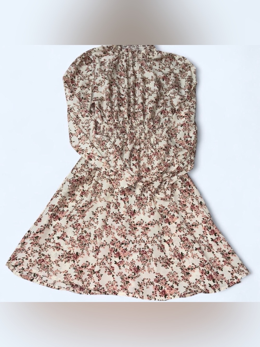 SHEIN Cream Long-Sleeve Floral Smocked Dress with Pink Accents